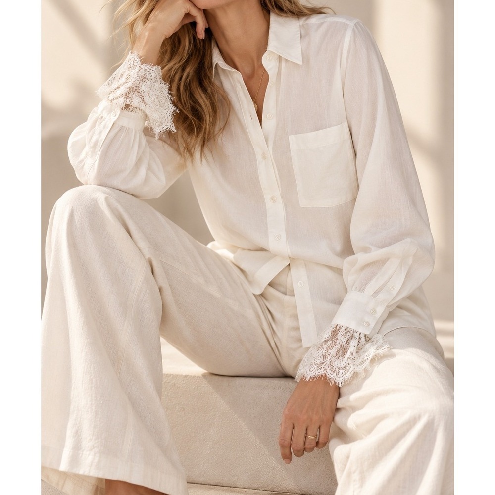 Sandy & Sid Ivory Lace Cuff Viscose Linen Button Down Shirt Size 12